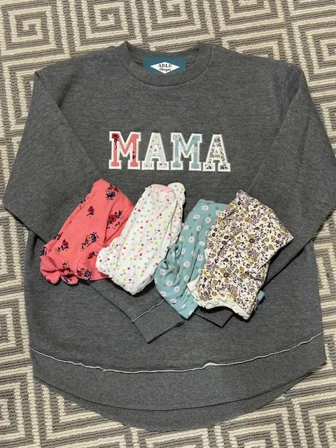 Gray sweatshirt with MAMA appliqued in floral fabric letters