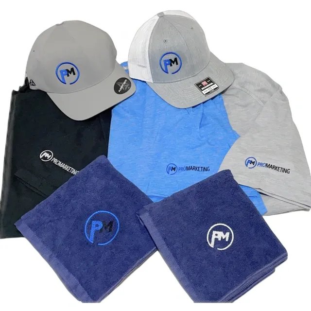 Embroidered hats, shirts, and golf towels with the Pro Marketing logo